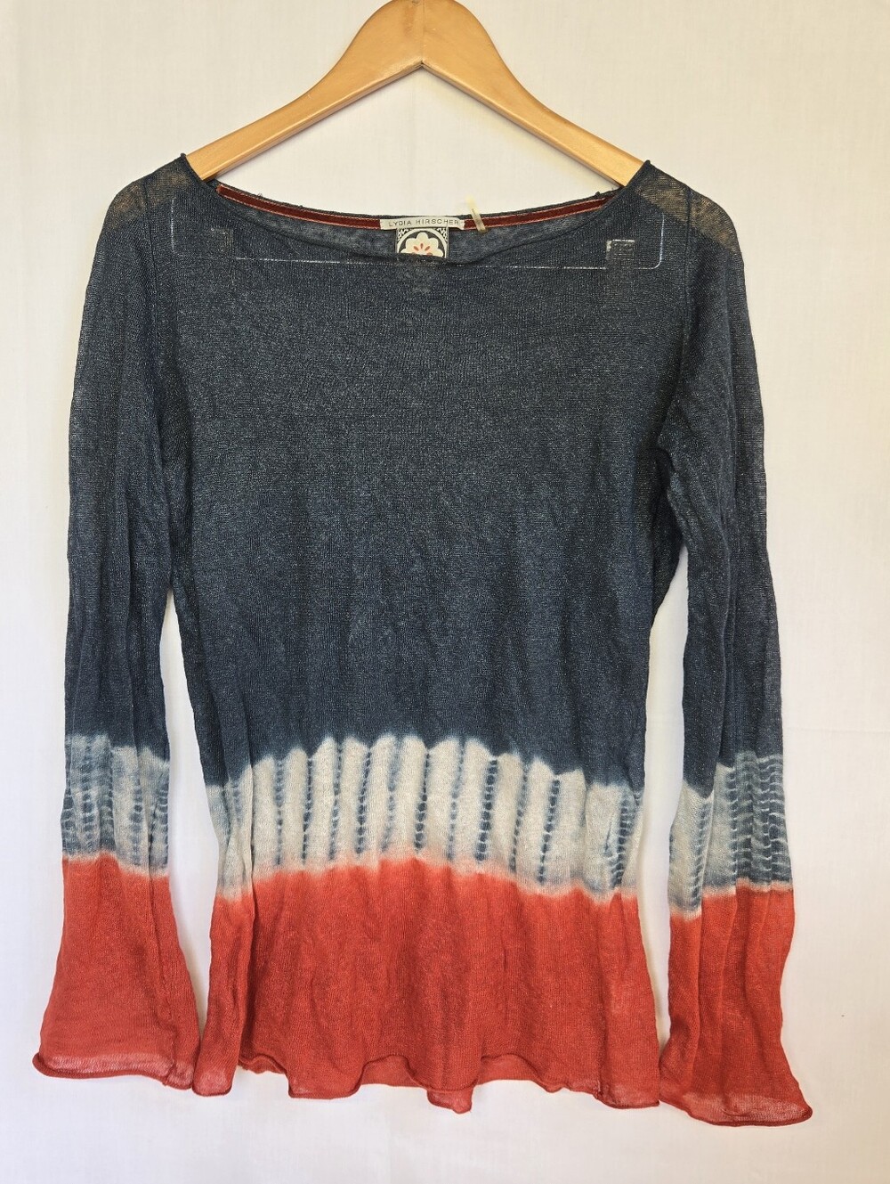 Lydia Hirscher blue orange color block Boat Neck Bohemian Blouse-size S